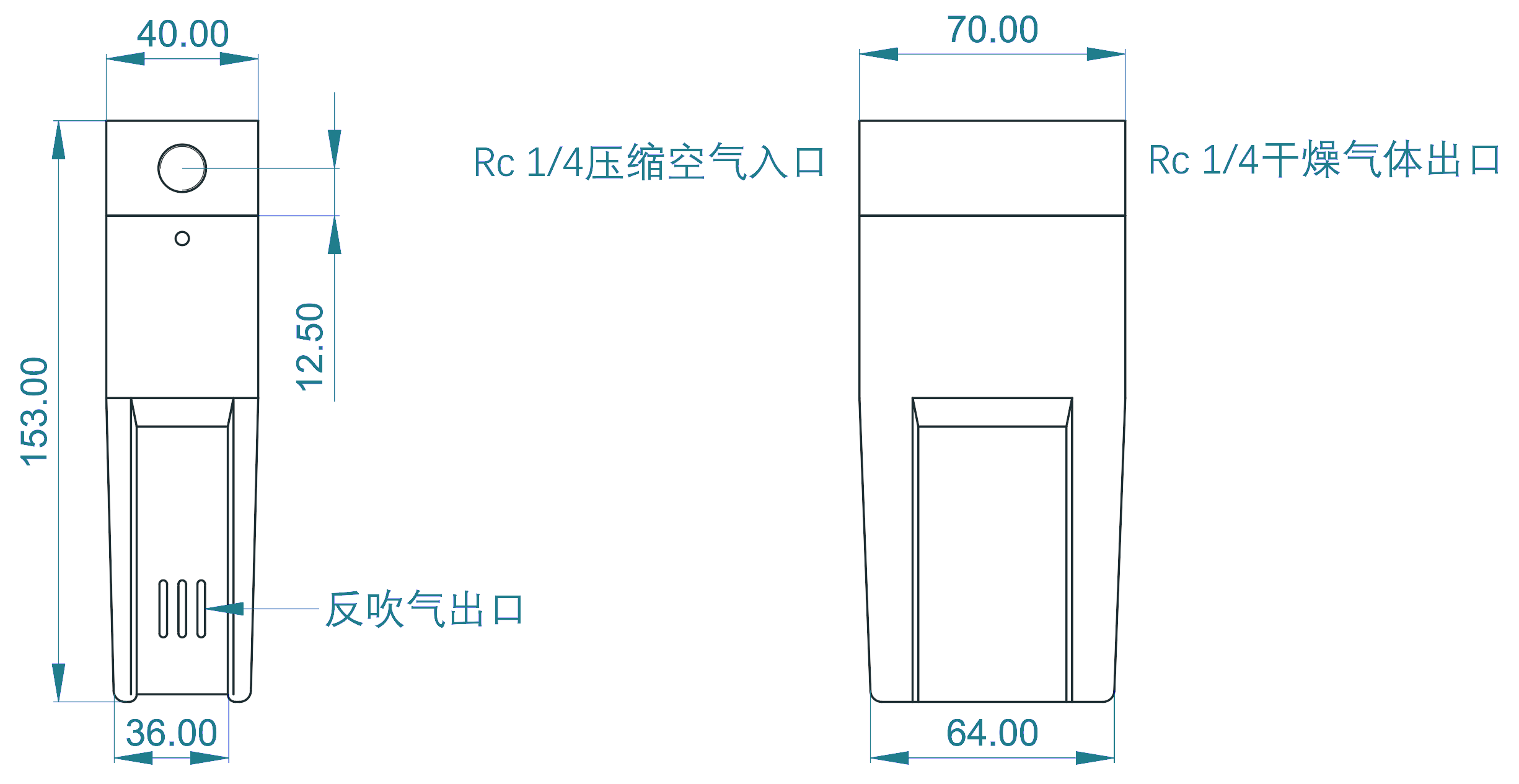 TCB 系列尺寸与接口标示图